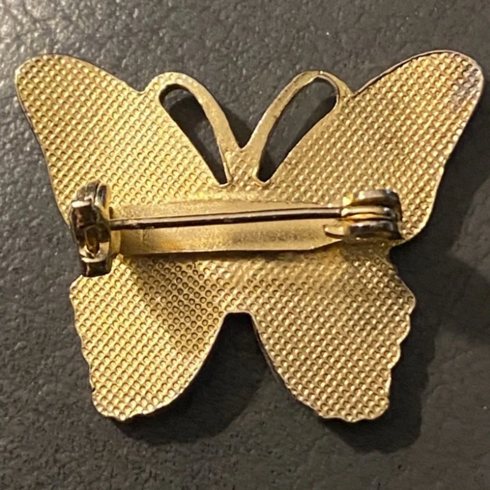 Vintage Set of 2 Butterfly Brooch Gold Metal & Enameled Mother-Of-Pearl